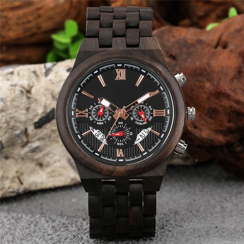 Black Sandalwood Watch Men's Chronograph Wooden Quartz Wristwatch Wood Bracelet - Picture 6 of 8
