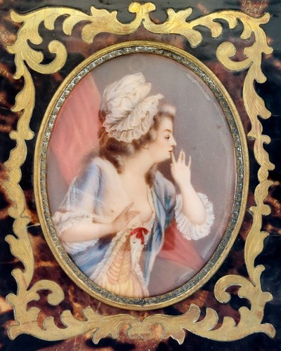 Antiker französischer Boulle Rahmen, Erotik Rokoko handbemalt signiert Miniatur 53/8"x43/4" - Bild 11 von 21