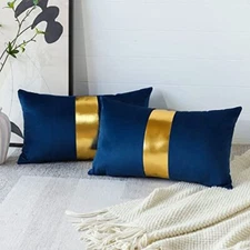  Velvet Throw Pillow Covers with Gold Leather 12x20 Inch (Pack of 2) Navy Blue