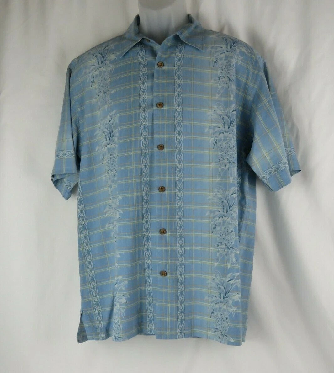 Tommy Bahama Hawaiian Camp Shirt Men's Size Medium100% Silk Plaid Blue Pineapple