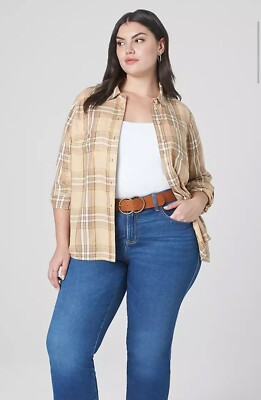 WoW~ Lane Bryant sz 18/20 Relaxed Boyfriend Flannel Button Up Plaid Tan gold N54