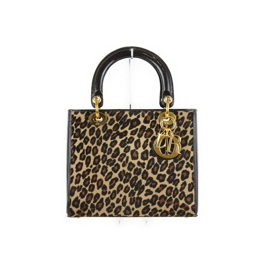 Sac à main bandoulière Christian Dior Lady Dior léopard 2 voies cuir émaillé authentique