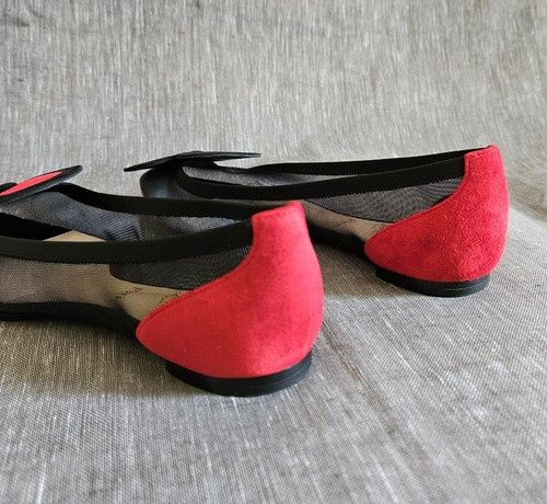 Women's Christian Louboutin Red Suede Black Mesh Designer Flats Size 5 US - Picture 8 of 14