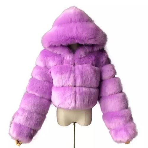 Neu Damen hochwertige Kunstfell Cropped Jacke warm Kapuze flauschig Tops Mantel - Bild 34 von 38