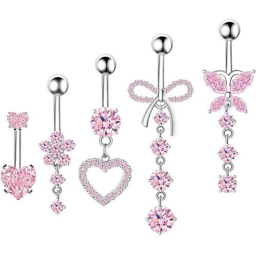 Belly Button Bar Navel Ring Heart Dangly Body Piercing Jewellery Bars CZ Barbell - Picture 16 of 16