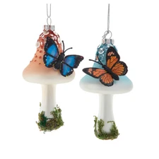 KURT ADLER SET OF 2 GLASS 4.5" BUTTERFLY ON MUSHROOM CHRISTMAS ORNAMENTS T3577