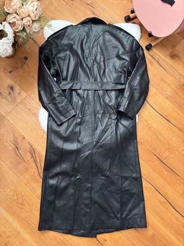 ZARA DOUBLE BREASTED BLACK FAUX LEATHER TRENCH COAT BELT Long size XS 4432 - Picture 18 of 19