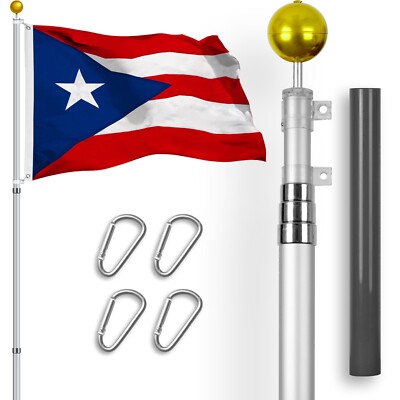Combo: 16 Ft Telescoping Flagpole Silver & Puerto Rico Flag 3x5 Ft Emb Spun Poly