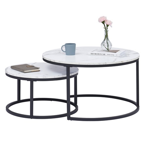 2 en 1 Mesa de Centro 60x60x45 Metal Aspecto Mármol Mesita Café Redonda Negro - Imagen 6 de 11
