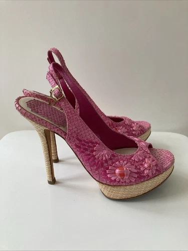 Sandales plateforme Dior ornées de python rose, Christian Dior, talons