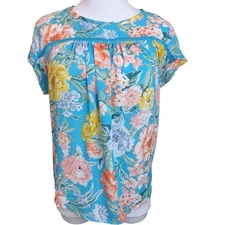 LOFT Pretty Floral Blouse Top Shirt XS Petite Short Sleeve Lace Travel Tropical