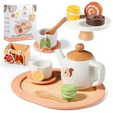 OMYBaby Wooden Tea Set for Little Girls, 19pcs Party Playset With squirrel