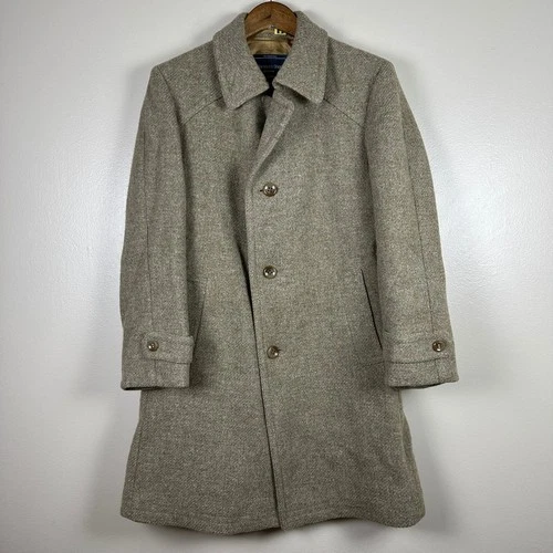 Vintage JCPenney Mens 38 Overcoat Tan Pure New Wool Tweed Car Coat Classic - product listing photo