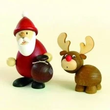 Wood Figure Santa Claus With Moose HxB 9.4x6.5cm NEW Seiffen Erzgebirge Decor.
