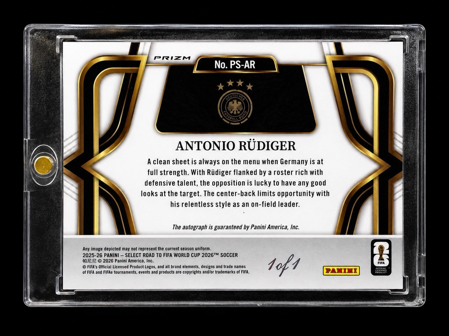Panini 2025-26 Select RT FIFA WC 2026 Pitchside Sig Rüdiger Auto 1/1 view 2