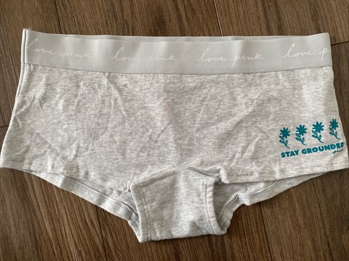 PINK Victoria's Secret Panties Boyshort Shortie Gray Stay Grounded Flower Medium - Picture 1 of 7