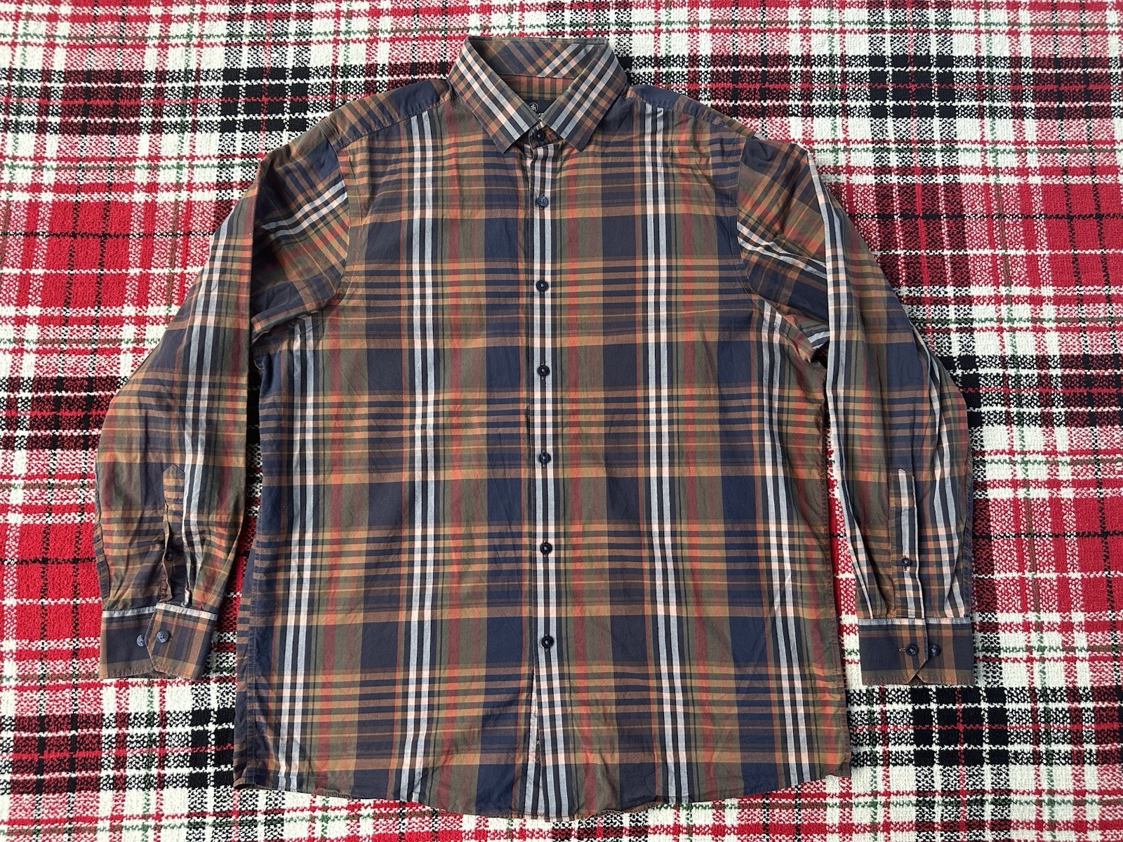 Hart Schaffner Marx Men’s Large Plaid Button Down Shirt 100% Cotton Blue/Orange