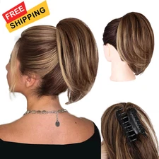 Clip on Ponytails for Women - 10 Inch Short Ponytail Red Brown Mixed Golden 