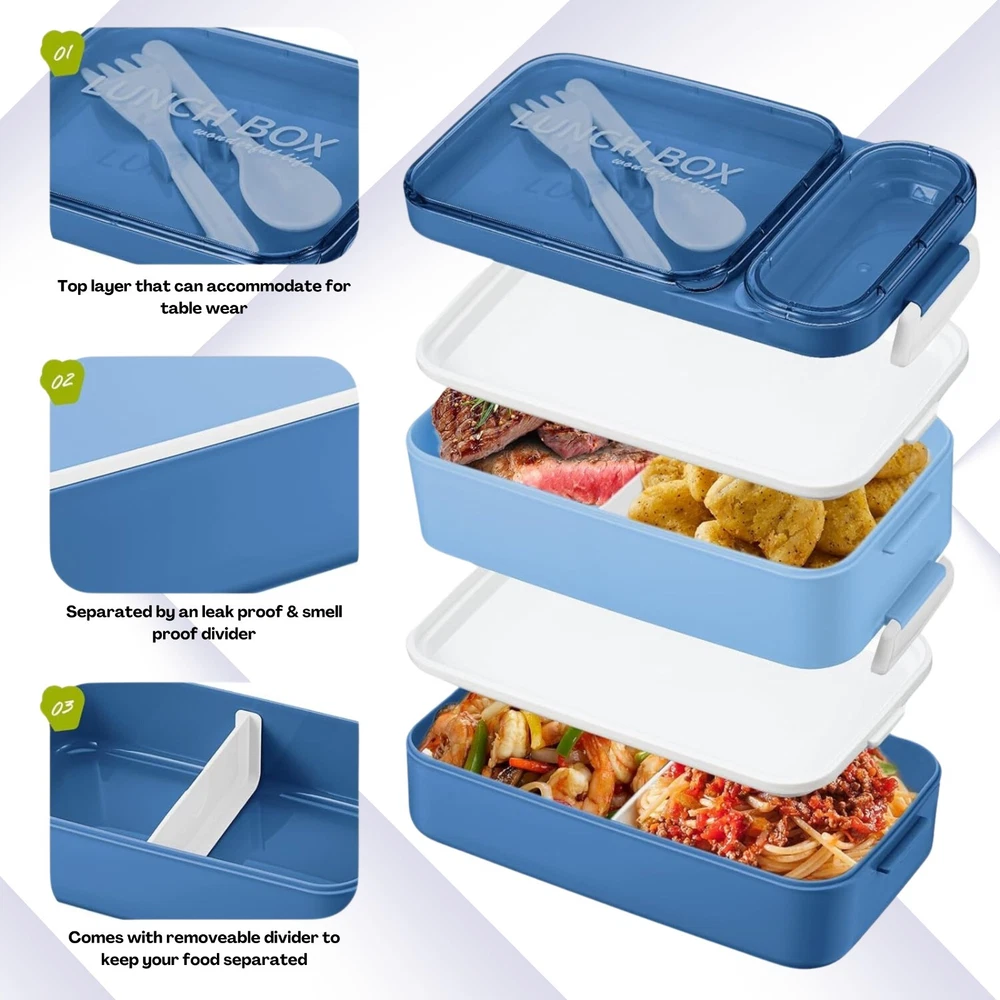 Bento Box Layered Lunch Box Adults 3 Layer 900ml - 1600ml Spoon Fork Womens Mens