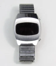 RARE Vtg KUATRON Digital Silver Tone Watch Red LED Screen 1970s - Parts / Repair