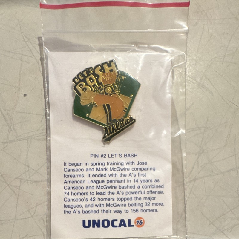 Oakland Athletics Baseball Pin Unocal 76 "Let's Bash" Canseco McGwire Vintage