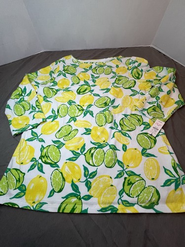 Talbots Lemon Lime Print Cotton Blend 3/4 Sleeve Boat Neck Top Womens LP Summer