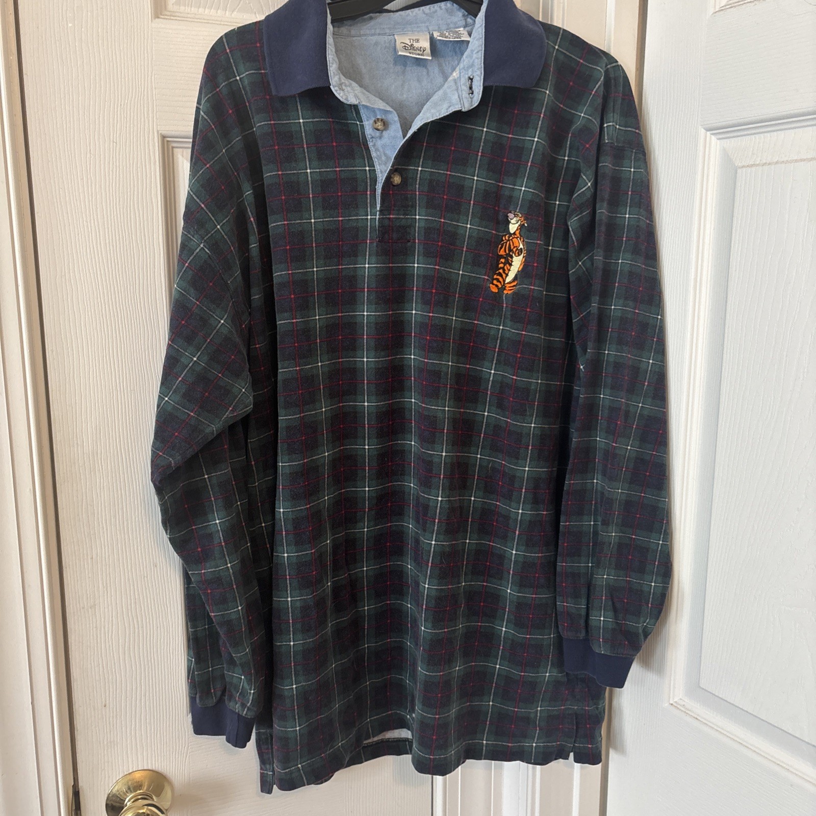 VTG Disney Store Tigger 1/4 Button L/S Plaid Polo Flannel Shirt Mens Sz XL Pooh
