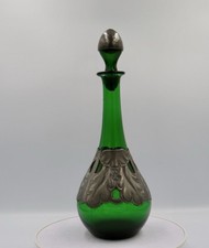 Art Nouveau Style Green Glass Decanter with Pewter Mount & Stopper