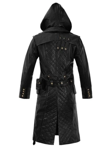 Mens Black Lambskin Leather Hooded Trench Coat Full Length Duster Overcoat Wears image 8