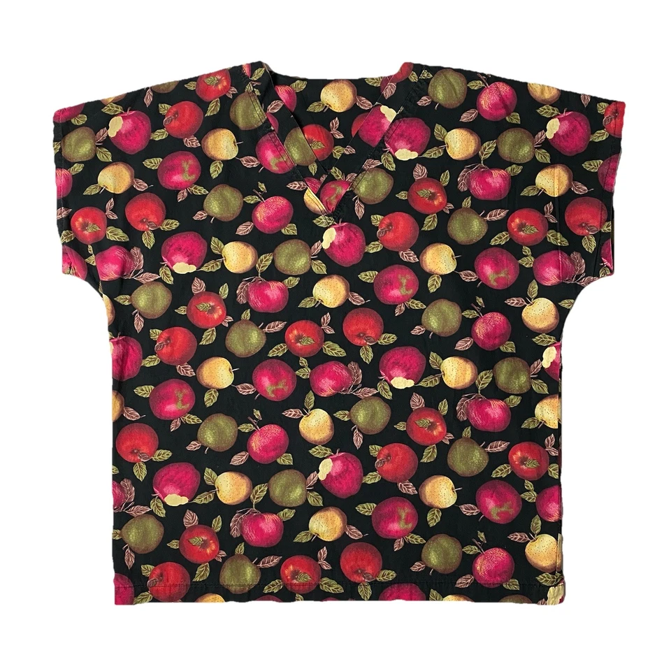 Handmade Scrub Top Size Medium (Estimated) Black Apple Apples Fall Harvest Print - Image 2 of 4