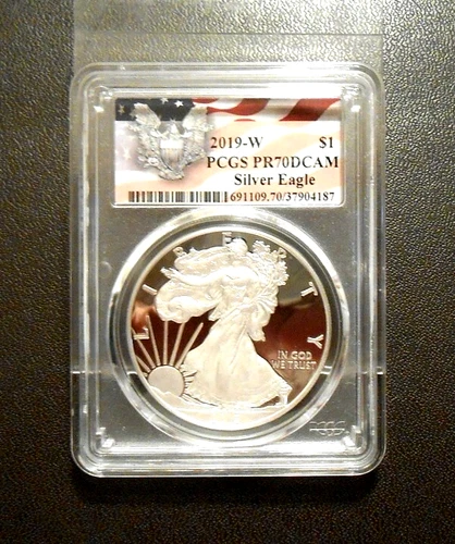 2019-W  AMERICAN SILVER EAGLE - PCGS  PR70DCAM $1  PROOF COIN / FLAG EAGLE LABEL