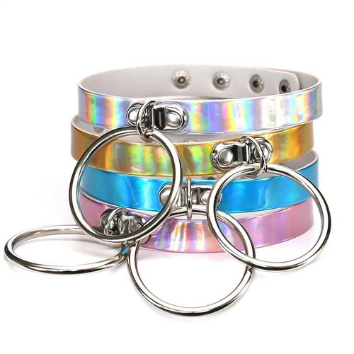 Holographic Choker Necklace Laser Circle Ring Rainbow Gothic Collar Women UK