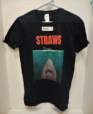 STRAWS (not Jaws) SAVE THE TURTLES T-shirt - Size S - Navy Blue - 100% Cotton