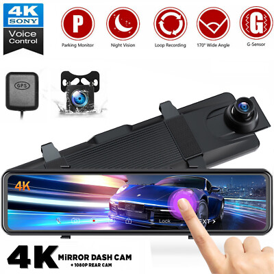 TOGUARD 12'' Mirror Dash Cam GPS 4K+1080P Front Backup Car DVR Camera Recorder