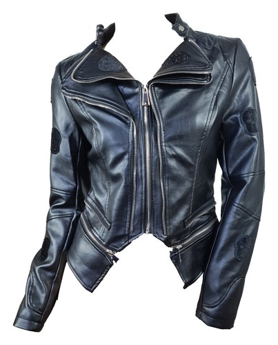 Biker Faux Leather Jacket Skull Skull - Punk Motorcycle Gothic - Picture 2 of 4