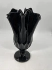 Fenton Art Glass Black Ebony Thumbprint Swung Ruffled Rim Handkerchief Pedestal