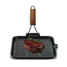 Bistecchiera ghisa quadrata griglia antiaderente manico legno piastra 24x24 cm