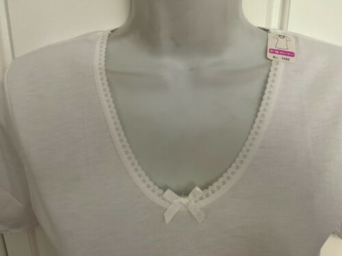 White Womens Deep V-Neck Undershirt Cotton Lace T-Shirt Medium size Bauhinia - Picture 3 of 5