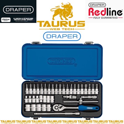 38-teiliges DRAPER metrisches Steckschlüsselsatz Metallkoffer 1/4 Zoll Vierkant 72 Zähne Umschaltknarre