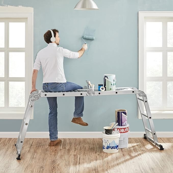 SONGMICS 3,5 m Escalera, Multiusos Aluminio Escalera con 2 Placas Metálicas