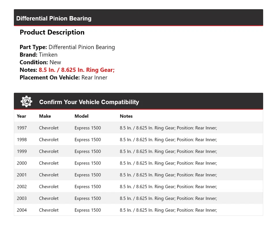 For 1997-04 Chevrolet Express 1500 Differential Pinion Bearing Rear Inner Timken - Image 2 of 4