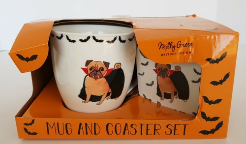 Count Pugular Halloween Pug Dracula Coffee Mug & Coaster Milly Green Orig. Box