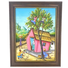 Hugues Rouanez Original Oil Canvas Hatian Artist Hut Family Bright Colors Framed