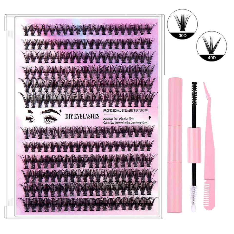 Hágalo usted mismo Kit de pestañas 280 racimos 30D+40D 9-16 mm con unión, sello, herramienta ¡Envío rápido EE. UU.! Foto 3 de 4