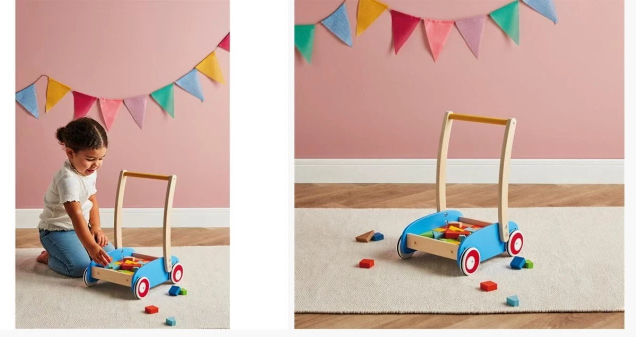 Quality Wooden Baby Walker With Colorful Wooden Shapes Blocks BNIB RRP £49.99