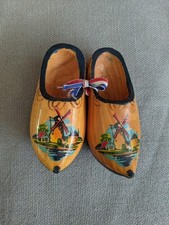Vintage Holland Dutch Wooden Clogs Shoes black Bottom 4" Windmill Scene Pair