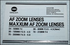 Minolta Maxxum AF zoom lens instruction / spec sheet. VG to EX condition