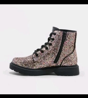Pink Glitter Art Class Girl's Zipper Lace-Up Combat Style Boots Size 5