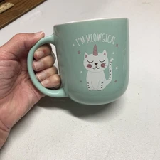 Clay Art 14 oz Green Porcelain Coffee Mug I’M MEOWGICAL Unicorn Cat New with tag