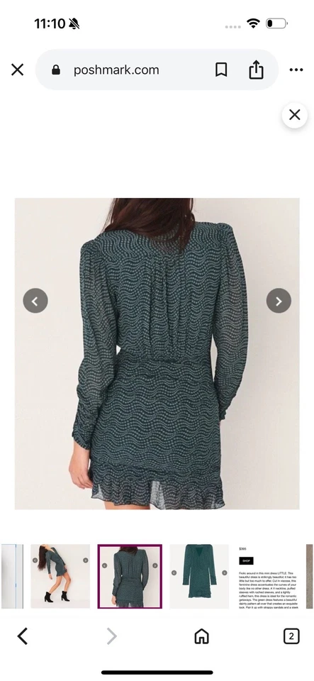 ba&sh Dress green Printed Ruched V-Neck Ruffle Long Sleeve Mini Party Size S - Image 2 of 4